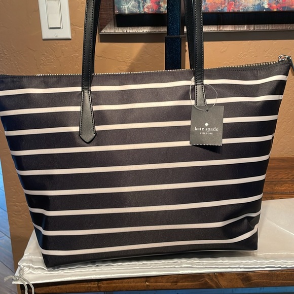 NWT Kate Spade Kitt Jess Nylon & Leather Striped Tote Bag MSRP $299 - Picture 5 of 11